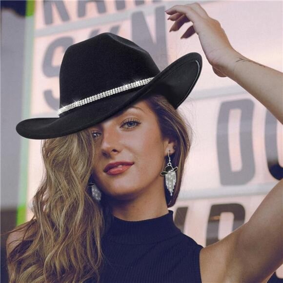 Cowboy Hat Rhinestone Cowgirl Boots Earrings Set Tassel Black - Picture 3 of 7